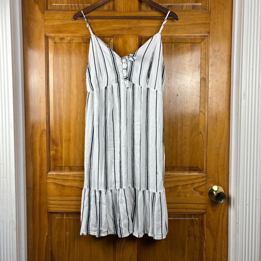 Lascana White Striped Viscose Tie-Front Tiered Ruffle Hem Sun Dress Size 12 US